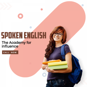 A young woman with books promoting a Spoken English Academy.