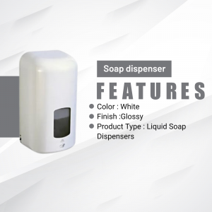 White automatic soap dispenser with features listed