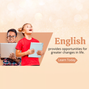 Two children using digital devices with the word 'English' and a call to action.