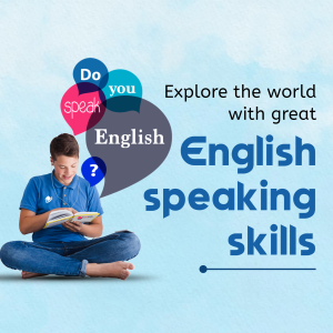 A young man reading a book with speech bubbles promoting English language learning.
