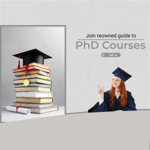 Image depicting a stack of books with a graduation cap and a student pointing towards it, promoting PhD courses.