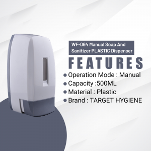 White plastic manual soap and sanitizer dispenser with product features listed.