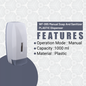White plastic manual soap and sanitizer dispenser with product features listed.