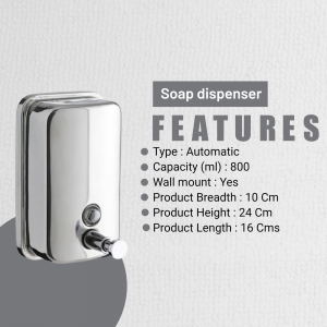 Silver automatic soap dispenser mounted on a wall with feature list