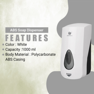 White ABS plastic soap dispenser with features listed