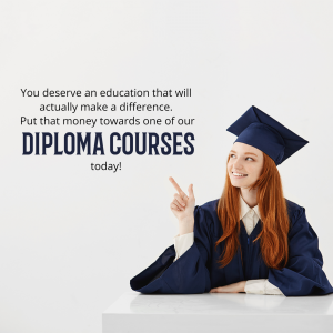 Young woman in graduation cap and gown pointing to text promoting diploma courses.