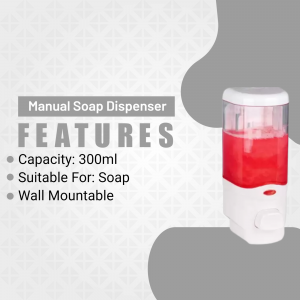 White manual soap dispenser with red liquid soap, displaying features like capacity and wall mountability.