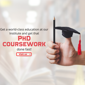 Hand holding a graduation cap with pencil, promoting PhD coursework.