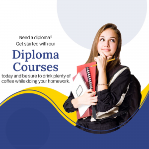 Young woman studying with books and pencil, promoting diploma courses.