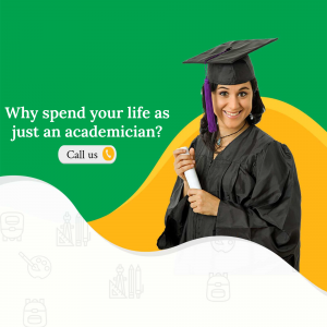 A smiling graduate in cap and gown with text asking 'Why spend your life as just an academician?'