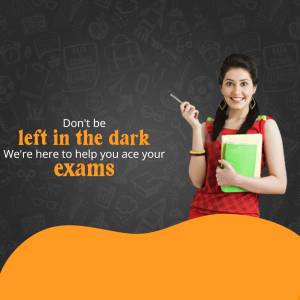 Young woman holding books with text promoting exam help.