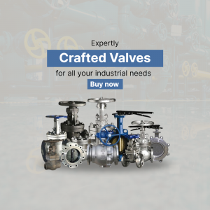 A variety of industrial valves displayed with text promoting expertly crafted valves.