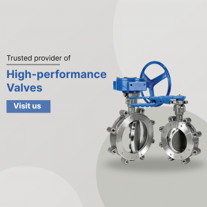 Close-up of blue high-performance valves with silver fittings on a light gray background.