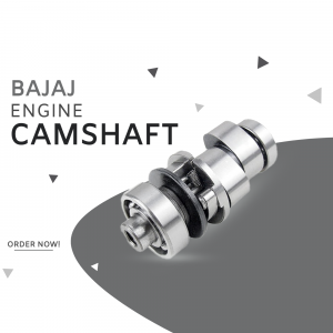 Image of a Bajaj engine camshaft with promotional text