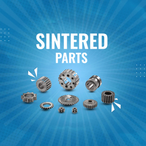Image of various sintered metal parts including gears and components.