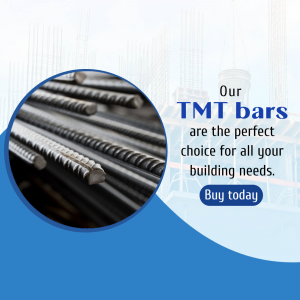 Close-up of TMT steel bars with promotional text