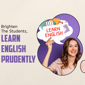 Woman pointing to a speech bubble with 'Learn English' text, promoting language learning.