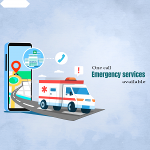 Illustration of a smartphone displaying an ambulance on a map with the text 'One call Emergency services available'.