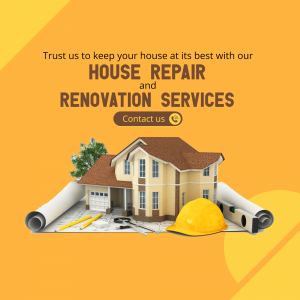 Image depicting house repair and renovation services with a house model, blueprints, and tools.