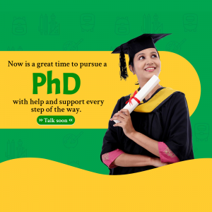 A smiling graduate in a cap and gown holding a diploma, promoting PhD programs.