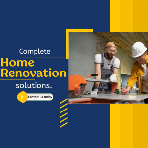 Two construction workers renovating a home, with text promoting complete home renovation solutions.