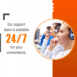 Image of a customer support team with a 24/7 availability message.
