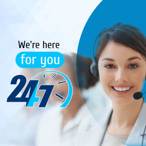 Smiling customer service representative with headset and 24/7 availability graphic