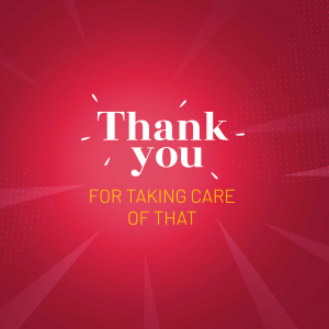 A vibrant red thank you card with a halftone pattern and radiating lines.