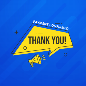 Payment confirmed graphic with thank you message and megaphone
