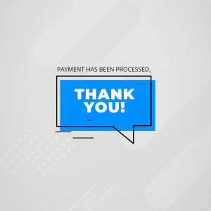 Thank you message with a blue speech bubble indicating successful payment processing.