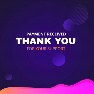 Thank you message for payment received with abstract purple and pink background.
