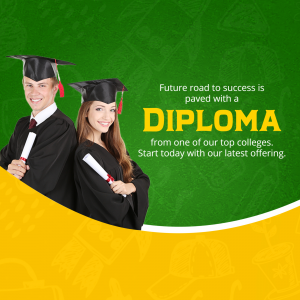 Two graduates in caps and gowns smiling with diplomas, promoting education.