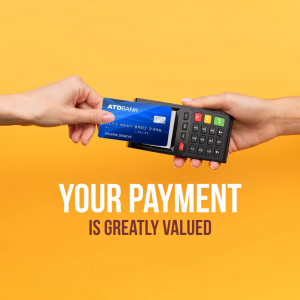 Hands exchanging credit card payment with a POS terminal