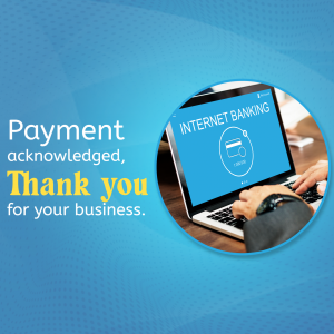 Laptop displaying a payment confirmation message with the text 'Payment acknowledged, Thank you for your business.'