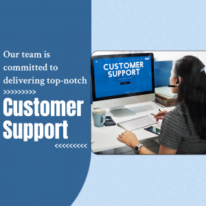 Woman wearing a headset working on a computer with customer support text on the screen