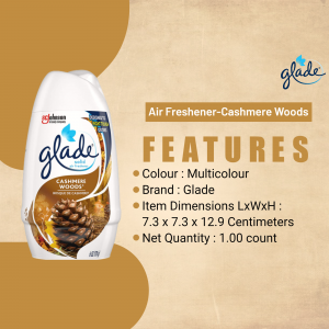 Glade Cashmere Woods Air Freshener product shot with features listed