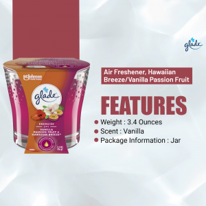 Close-up of a Glade air freshener jar with Hawaiian Breeze/Vanilla Passion Fruit scent.