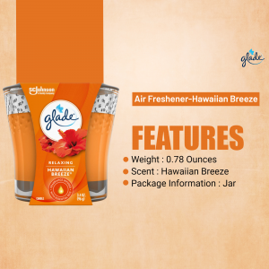 Two Glade Hawaiian Breeze air fresheners in a jar against a gradient background.