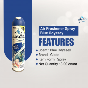Close-up of a Glade Blue Odyssey air freshener spray can against a dark blue background.