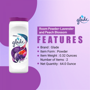 Glade Room Powder in Lavender and Peach Blossom scent, white container with purple accents.