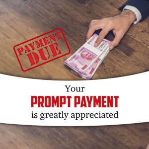 Hand giving Indian currency with a 'Payment Due' stamp