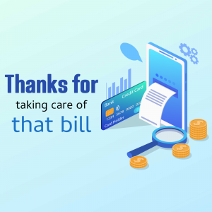 Illustration of a smartphone displaying a bill payment confirmation with credit card, receipt, and coins.