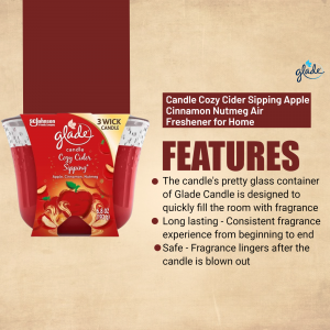 Close-up of a Glade Cozy Cider Sipping 3-wick candle in a red container.