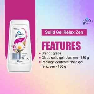 Close-up of a Glade Solid Gel Relax Zen air freshener with floral design.