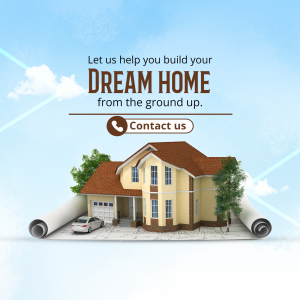 Image of a house blueprint with a house model and text 'Let us help you build your DREAM HOME'