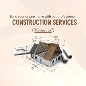 Image depicting house plans and a house under construction, promoting construction services.