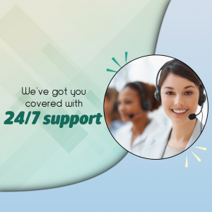 Image of a customer support representative with a headset, indicating 24/7 support availability.