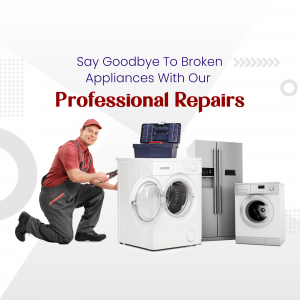 Appliance repair technician fixing a washing machine with other appliances in the background
