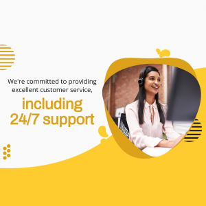 Woman wearing a headset working at a computer, with text promoting 24/7 customer support.