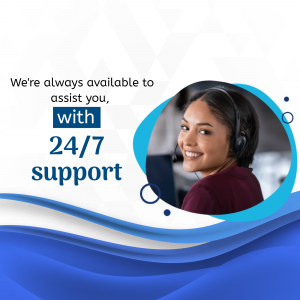 Smiling customer support representative wearing a headset